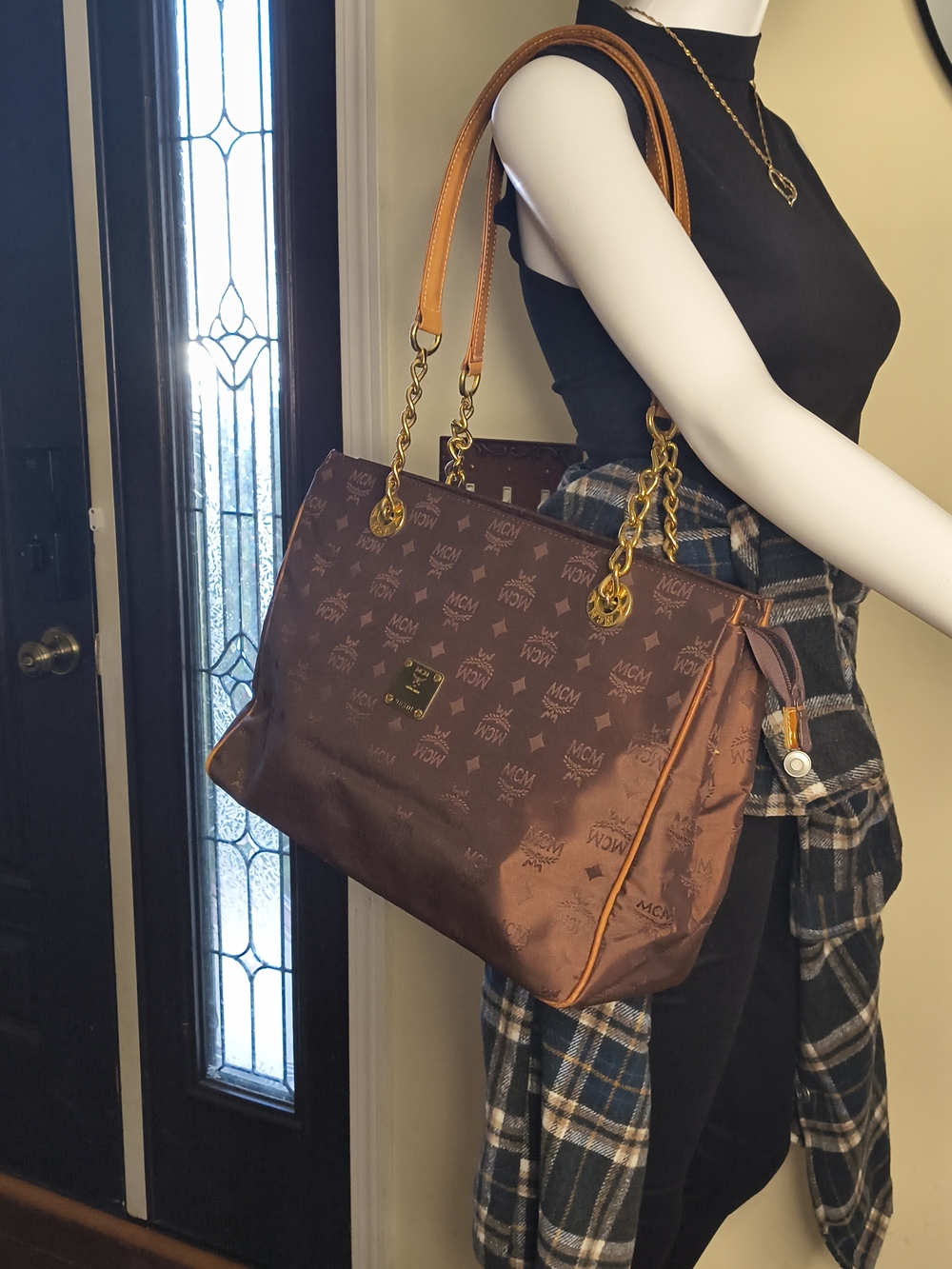 MCM Brown Logo Canvas Shoulder Tote with Gold Chain Handles - Picture 10 of 15